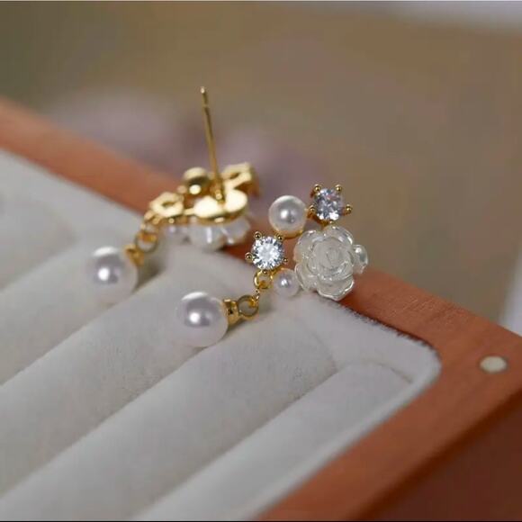 Elegant Floral Pearl Zirconia Stud Earrings, Bouquet Crystal Accent Earrings - Picture 2 of 9